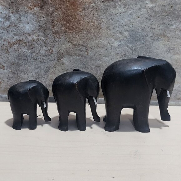 Hand Carved Black Wood Elephant Figurines Set of 3 - Picture 1 of 10